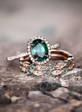 ins网红同款三合一祖母绿叠层戒指个性创意叠戴情侣节日礼物手饰