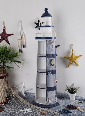 海洋风落地1米实木大灯塔装饰摆件地中海客厅背景墙展示柜置物架