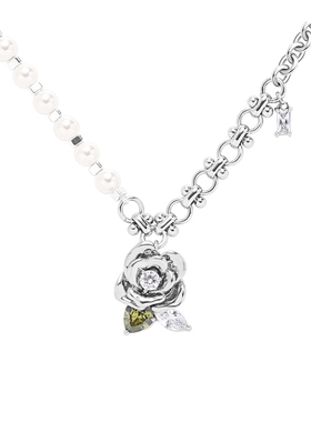 925银针绿叶玫瑰花耳饰轻奢高级感秋冬2025新款耳坠爱心锆石耳环