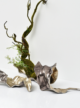 进口铝制枯树叶状花器摆件新中式复古轻奢样板间客厅果盘烛台装饰