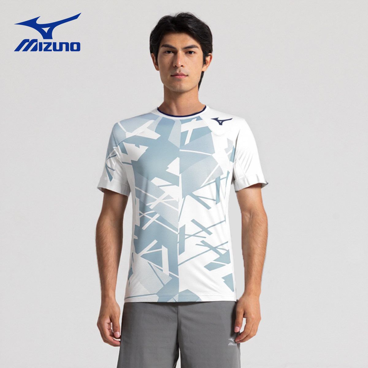 Mizuno美津浓网球服男短袖速干透气运动上衣白色几何图案吸汗T恤,淘宝优惠券,粉丝福利购,淘宝优惠卷