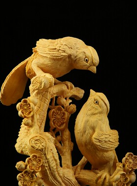 黄杨木雕中式家居摆设双喜临门小鸟礼品喜上眉梢创意装饰摆件