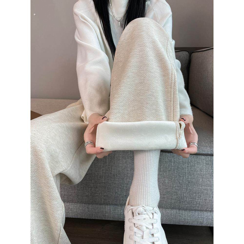 大码人字纹阔腿裤女春秋冬季新款高腰垂感开叉加绒直筒香蕉女裤子,淘宝优惠券,粉丝福利购,淘宝优惠卷