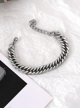 钛钢不掉色古巴链手炼男士嘻哈女生手镯冷淡风简约潮酷情侣手饰夏