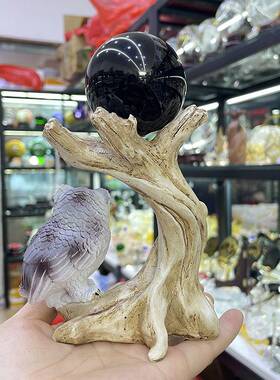 水晶树脂球托摆件 黑夜猫头鹰树脂工艺品摆件 办公桌面饰品装饰