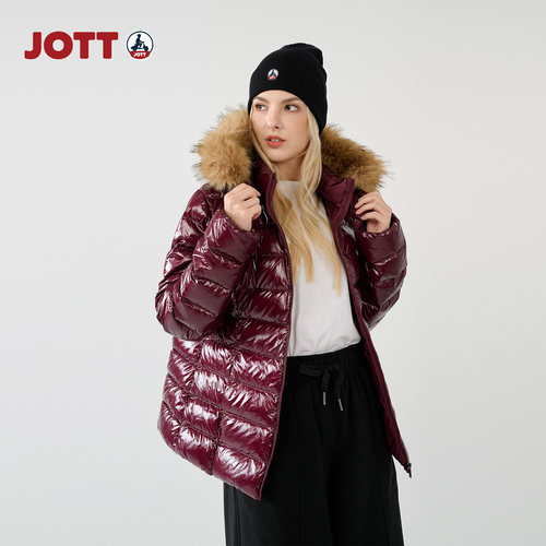 JOTT 专柜正品 | 排骨亮面羽绒服 简约时尚女士毛领连帽短款外套 - 图1