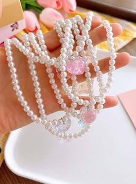 新款夏日白色珍珠简约儿童项链公主闪亮爱心锁骨链女童项饰饰品