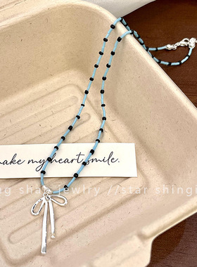 芭蕾少女~蓝色系串珠蝴蝶结项链纯欲风法式锁骨链显白高颜值颈链