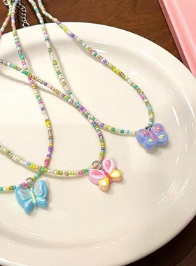 泫雅风~彩色串珠蝴蝶项链女夏季甜美气质配饰2025年新款锁骨链潮