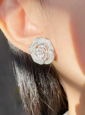 山茶花小众设计气质名媛镂空玫瑰花项链耳钉开口戒指满钻手链女