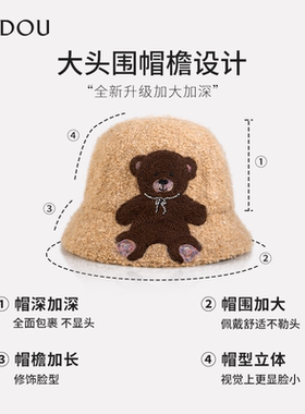 AJIDOU阿吉豆帽子女款卡其色小熊渔夫帽秋冬加厚毛绒防风保暖盆帽