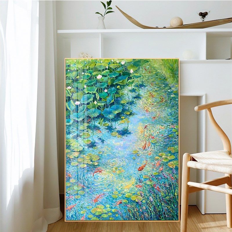 鱼戏荷莲钻石画0客厅玄关莫奈风景装饰画十字绣水钻砖石画,淘宝优惠券,粉丝福利购,淘宝优惠卷
