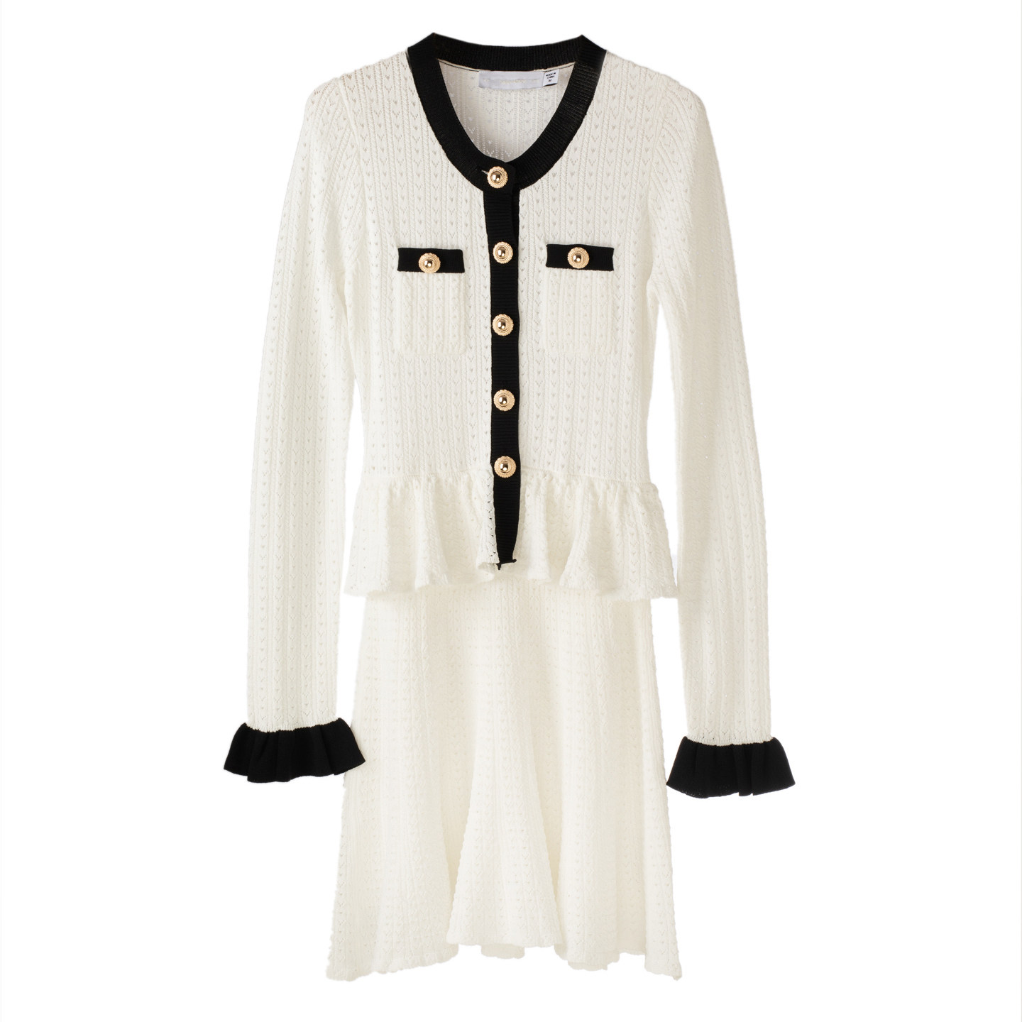 优雅精致S~p黑白撞色金属扣荷叶边喇叭袖修身鱼尾连衣裙早秋内搭,淘宝优惠券,粉丝福利购,淘宝优惠卷