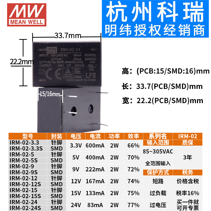 明纬IRM 3.3/5/9/12/15/24 S V 1W2W3W10W 03降压01模块02电源05 - 图1