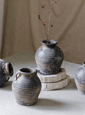 掬涵黑陶复古花瓶粗陶简约艺术客厅桌面陶瓷摆件冬青干花装饰插花