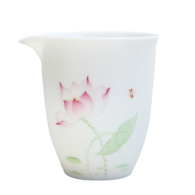 手绘荷花羊脂玉瓷公道杯素烧白瓷茶道配件公杯分茶器茶海茶漏茶具 - 图3
