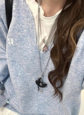 韩系黑色皮质吊坠星星项链气质百搭配饰轻奢高级感毛衣链2025新款