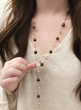 复古美拉德虎眼石串珠项链女轻奢毛衣链秋冬高级感百搭叠戴锁骨链