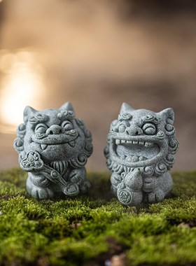 国潮风可爱石狮子福禄一对招财茶宠摆件创意鱼缸造景盆栽客厅装饰