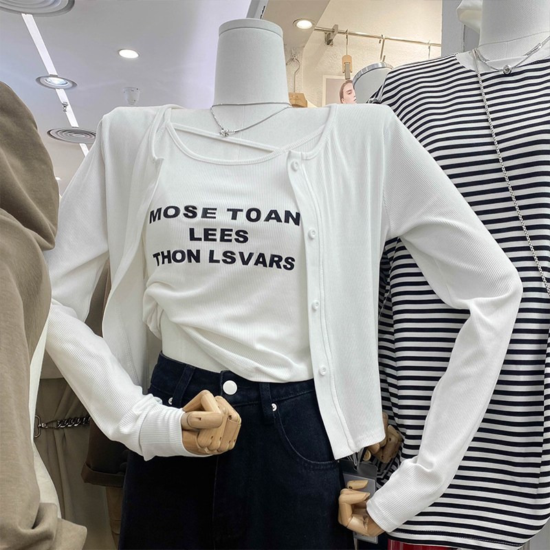 2023秋款圆领长袖排扣修身开衫T恤斜杆打底吊带背心时尚两件套女,淘宝优惠券,粉丝福利购,淘宝优惠卷