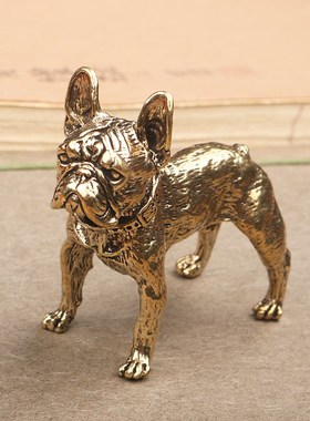 做旧黄铜实心小狗摆件法斗狗茶桌桌面茶宠装饰品十二生肖旺财狗