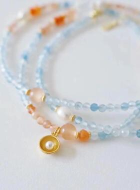 「海听」高级感海蓝宝长款串珠项链新中式国风清新淡雅小众设计感