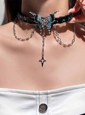 甜酷辣妹黑色蝴蝶流苏项圈女chocker脖子配饰项炼高级锁骨炼颈炼