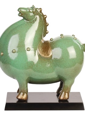 陶瓷绿马摆件中式家居创意招财唐马客厅办公室桌面装饰工艺品礼品