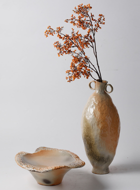 复古新中式侘寂风手工陶瓷双耳小口大花瓶花器果盘摆件样板间装饰
