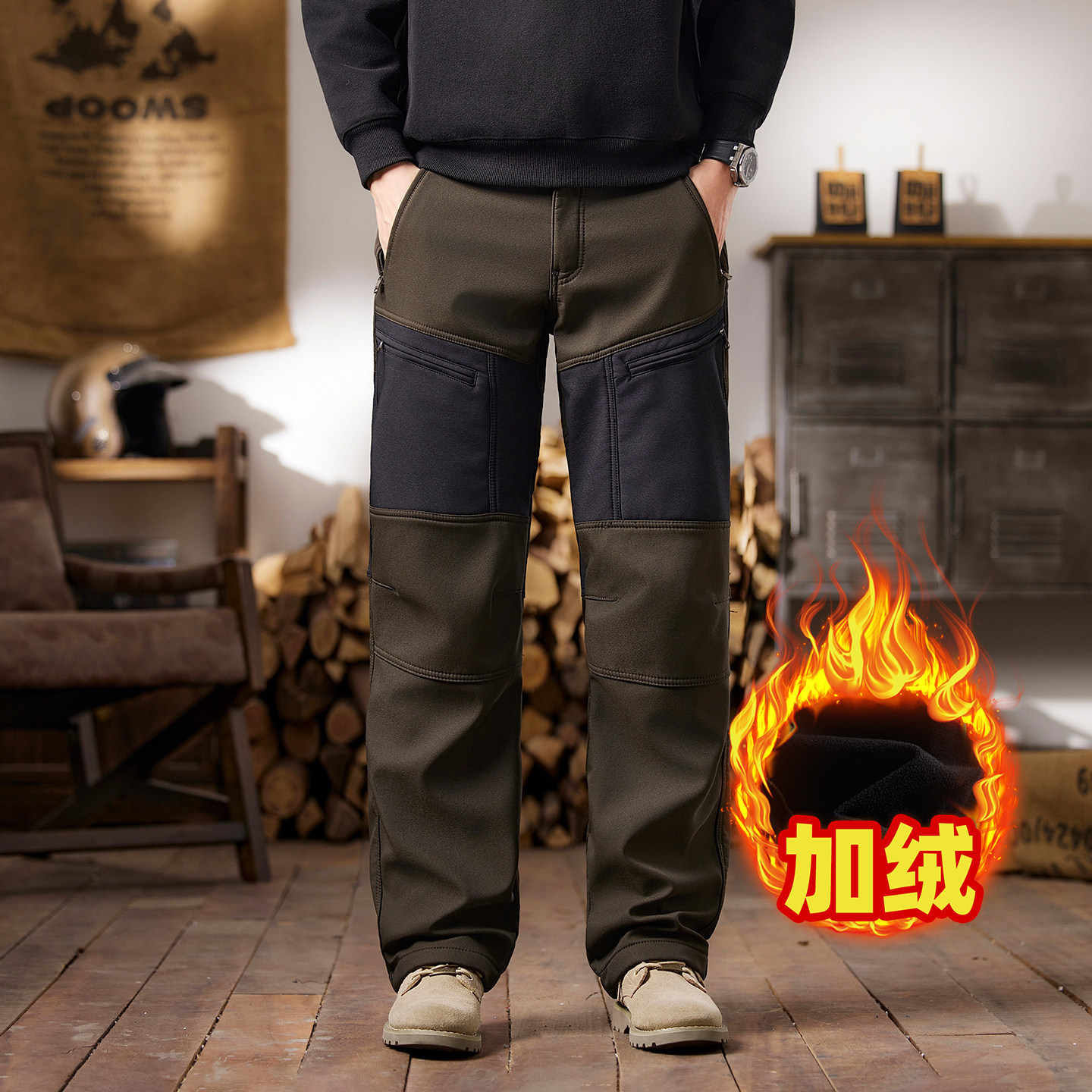 加绒保暖工装裤男多口袋直筒裤潮流老钱风休闲裤黑色户外修身长裤,淘宝优惠券,粉丝福利购,淘宝优惠卷