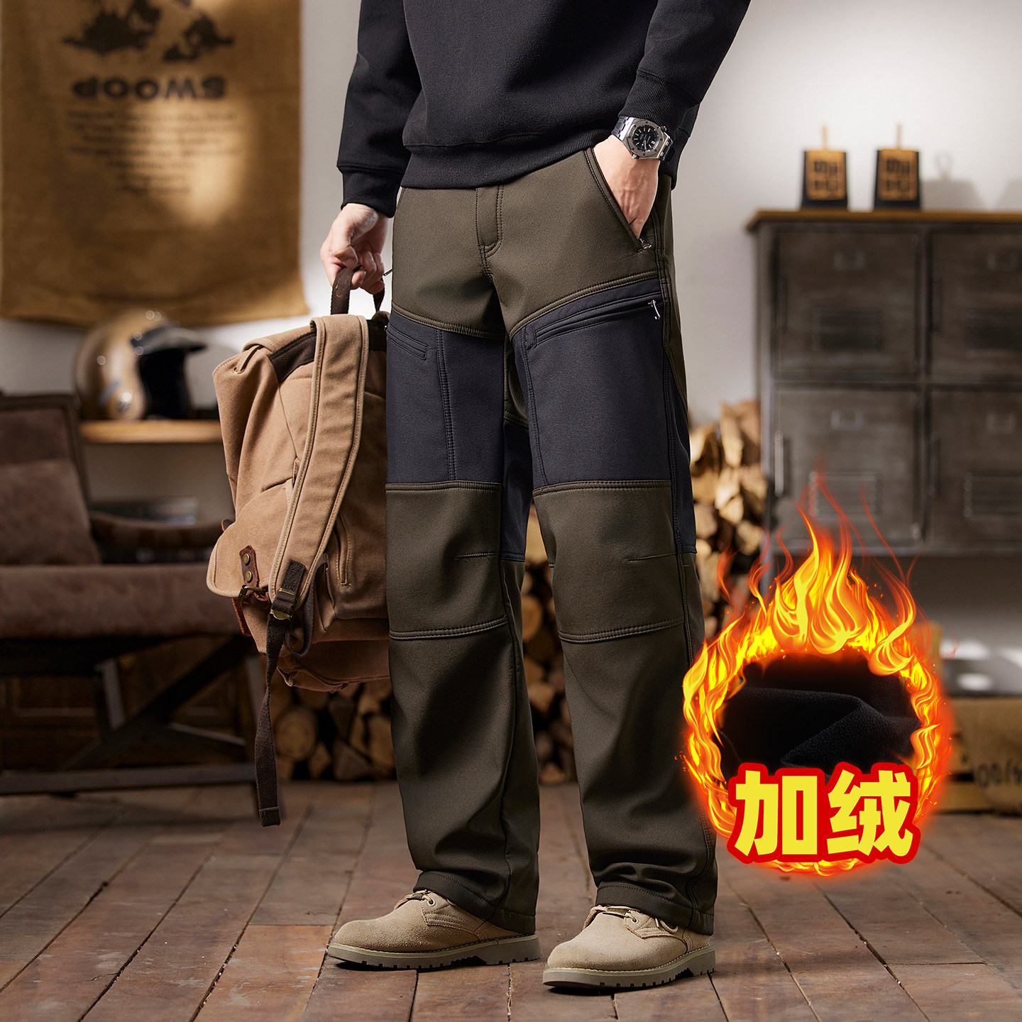 加绒保暖工装裤男多口袋直筒裤潮流老钱风休闲裤黑色户外修身长裤,淘宝优惠券,粉丝福利购,淘宝优惠卷