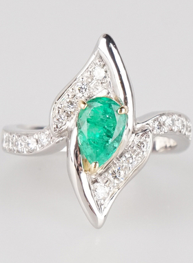 【自营】中古95新水滴形切工祖母绿钻石戒指绿K18白金54号戒指