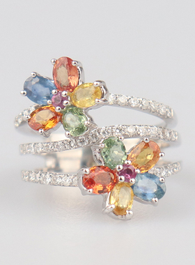 【自营】BRAND OFF中古95新多彩蓝宝石钻石戒指18K白金51号