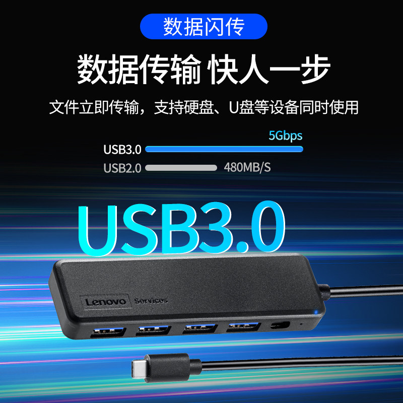 Lenovo/联想百应拓展坞4口USB HUB高速分线器Type-c扩展坞适用台式机笔记本电脑,淘宝优惠券,粉丝福利购,淘宝优惠卷