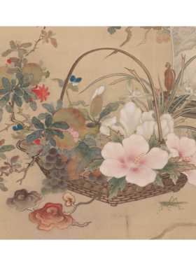 元年清代画卷冈本浩花牡丹画平和如意装饰画挂画高清画卷临摹