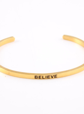 欧美轻奢风开口C型刻字手镯母亲节七夕礼物手环女励志不锈钢手环