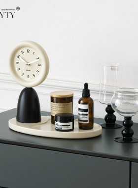 法式复古侘寂奶油风时钟客厅玄关黑白装饰托盘座钟饰品