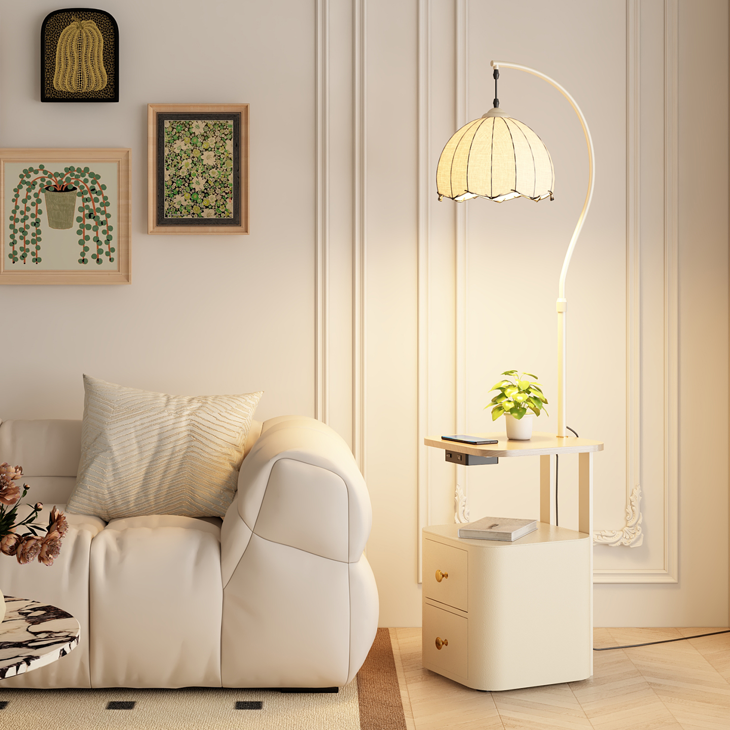 落地灯床头柜一体中古风卧室高级感客厅沙发旁边置物氛围边几台灯 - 图3