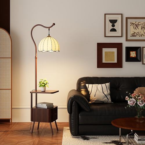 中古风卧室床头柜台灯落地灯客厅沙发旁边高级感置物架一体氛围灯 - 图3