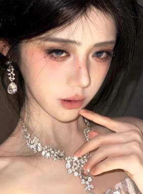 超闪水滴满钻流苏项炼耳环套装女宫廷轻奢小众设计锁骨炼脖子配饰
