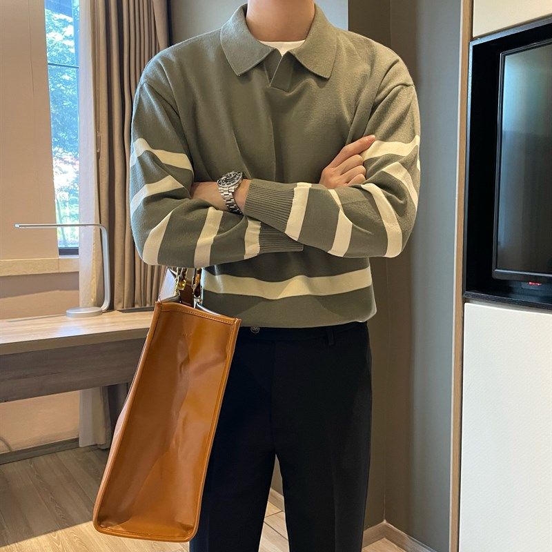 英伦式翻领拼撞色横条纹polo毛衣休闲打底落肩宽松款潮男针织衫,淘宝优惠券,粉丝福利购,淘宝优惠卷