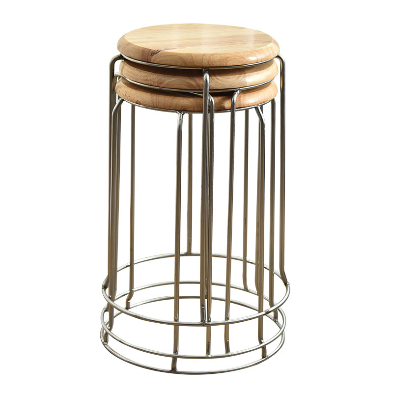 圆凳子不锈钢家用餐桌圆形实木简约加厚橡木粗钢R筋板凳宿舍小圆 - 图3