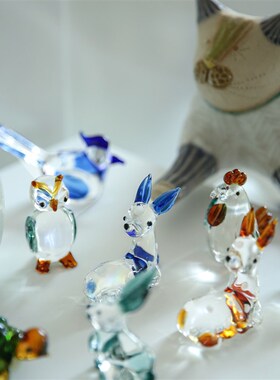 七隐 手工琉璃 车载家居装饰小兔子猫头鹰小动物