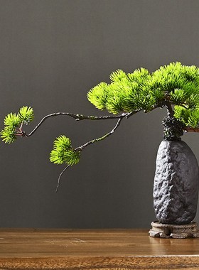 中式仿真迎客松盆景小植物摆件陶瓷花瓶假花松树客厅茶室布置装饰
