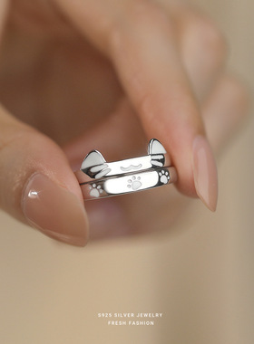 S925银猫咪情侣戒指对戒