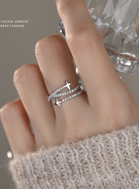 韩版微镶锆石四芒星戒指女s925银