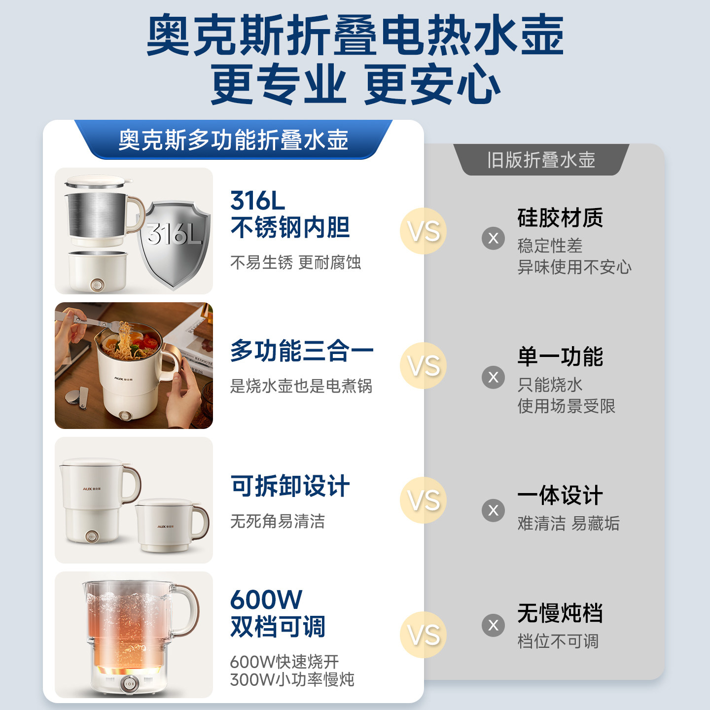 AUX奥克斯便携式烧水壶旅行酒店热水壶316L保温折叠水壶