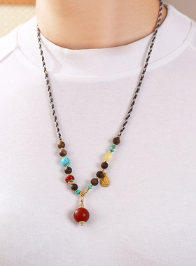 珞石复古红玛瑙檀木串珠项链女款