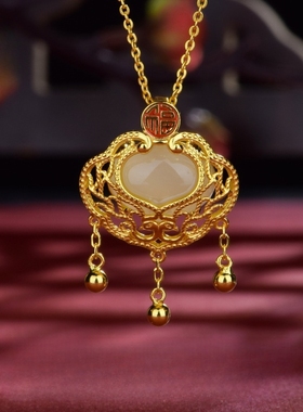 NY正品纯银s925镶和田玉如意项链