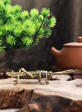 纯铜蝗虫蚂蚱茶宠摆件黄铜盖置铁壶盖托创意仿真茶玩功夫茶具配件